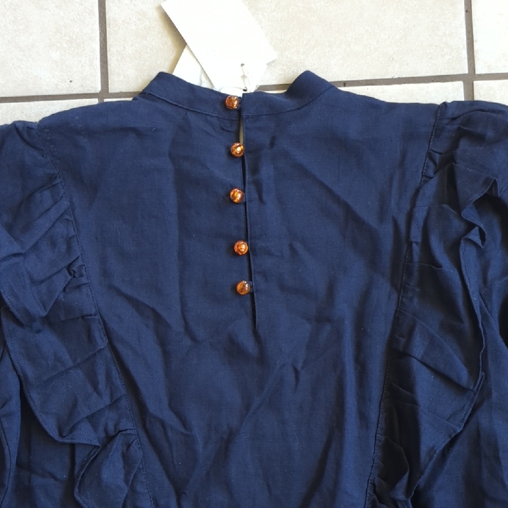 Embroidered Ruffle Long-Sleeve Top - Navy - Picture 6 of 9
